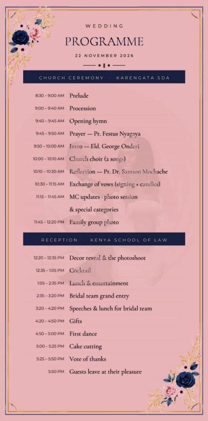 Programme panel of the Joan and Steve invitation